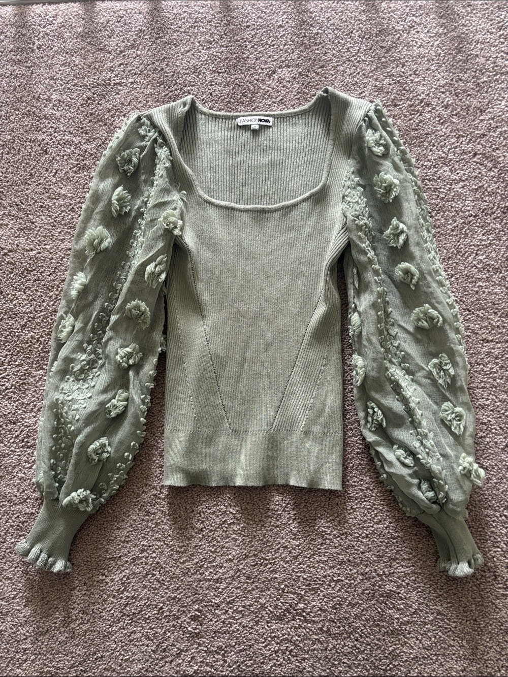 Fashion Nova Sage Green Floral Applique Puff Sleeve Sweater